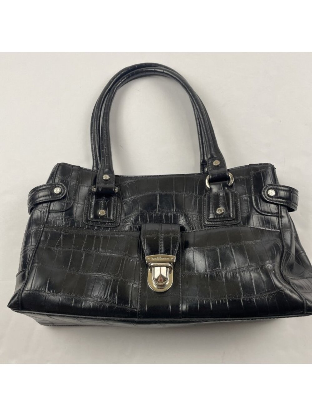 Liz Claiborne Croc Embossed Satchel Shoulder Bag Faux Leather Black